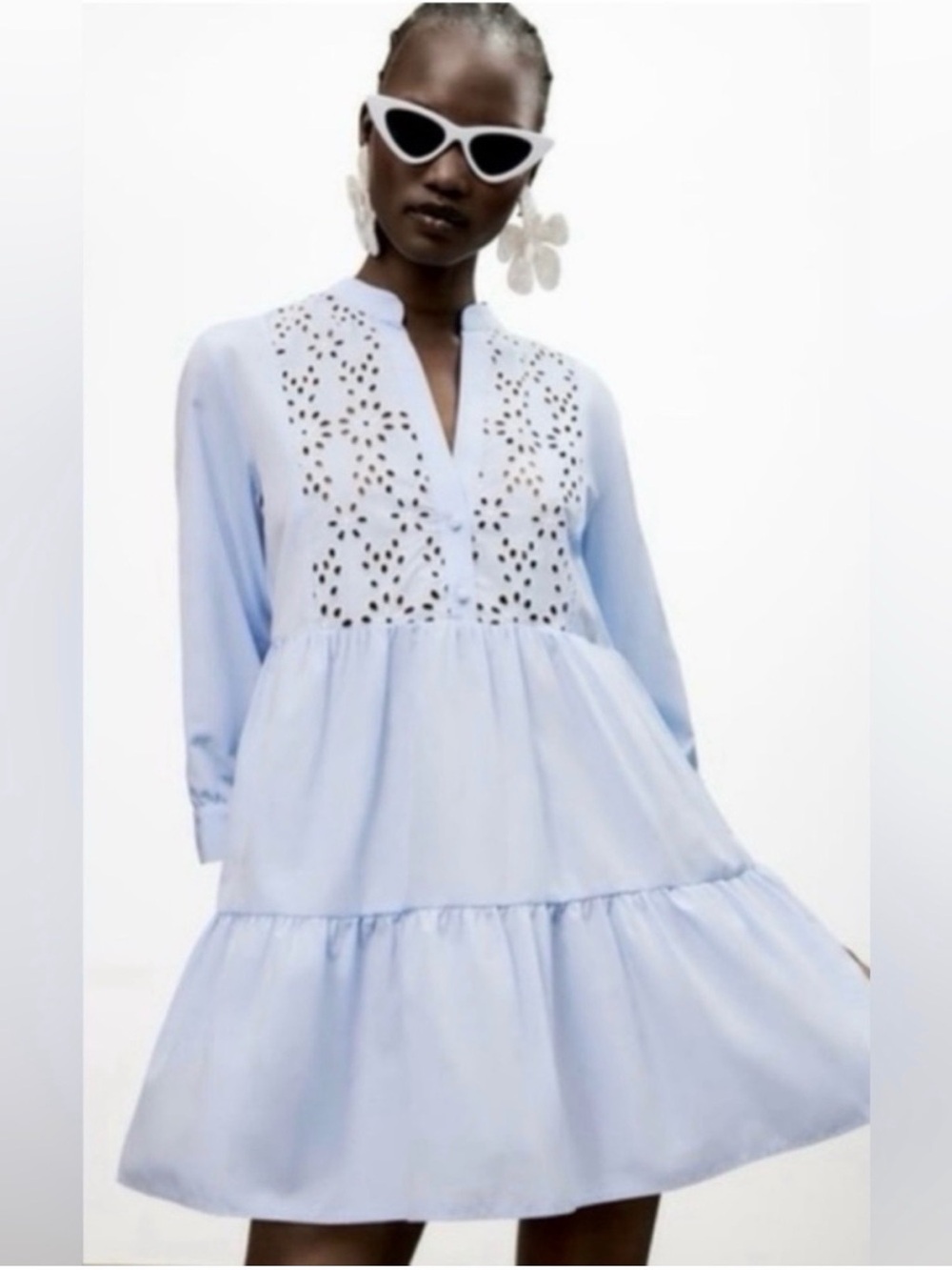 Zara Pale Blue Eyelet Tiered Mini Dress